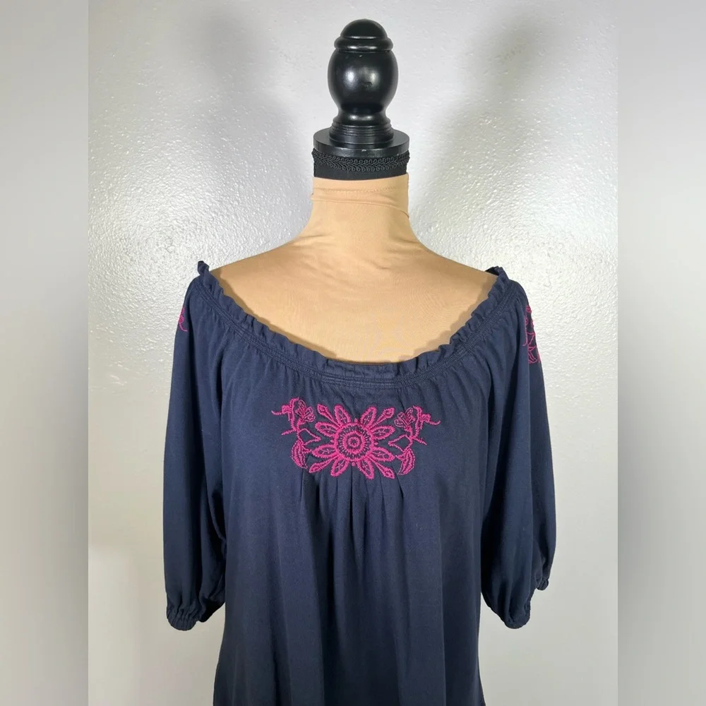 Johnny was navy floral embroidered off shoulder pockets dress M boho artisanal - Picture 4 of 8